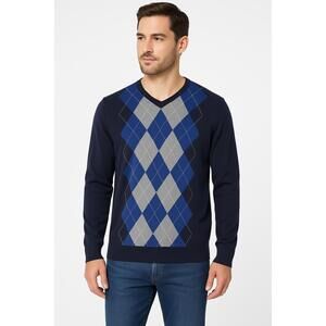 NWT Claiborne Athens Navy Cbo Blue Grey Argyle Long Sleeve Vneck Sweater XLarge